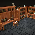 Wooden Bookcases With Books Bottles Candles Drawer Cabinets And Small Stool On Gray Tiled Floor
