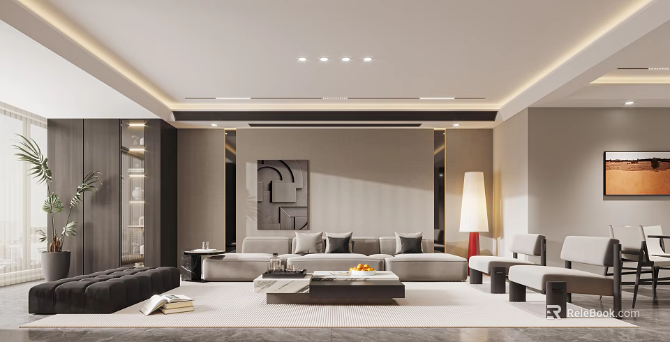 Modern Dining Living Room Interior Design With Sofa Coffee Table Artwork And Lighting 3d model