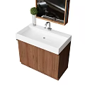 Modern Bathroom Vanity Design With White Countertop Wooden Cabinet Mirror And Green Plant