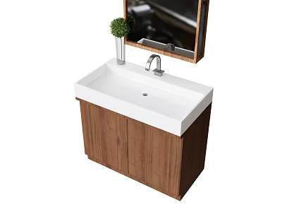 Modern Bathroom Vanity Design With White Countertop Wooden Cabinet Mirror And Green Plant 3d model