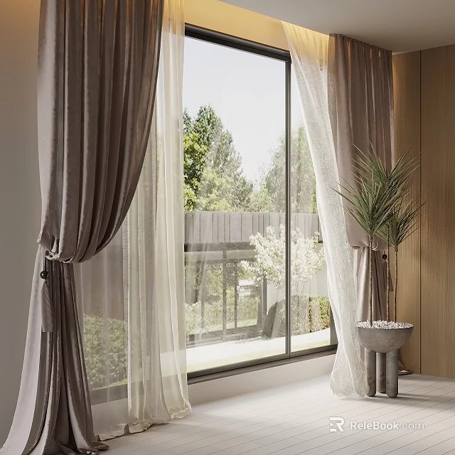 Bright Window With Brown And White Curtains Indoor Plant And Trees Outside Balcony 3d model 