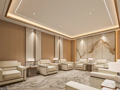Spacious Hotel Public Lounge Area With Beige Sofas Wooden Walls Table Lamps And Decorative Carpet 3d model