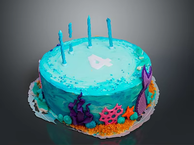 Ocean Themed Birthday Cake with Blue Frosting Four Candles Number 4 and Coral Starfish Decorations 3d model