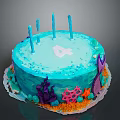 Ocean Themed Birthday Cake with Blue Frosting Four Candles Number 4 and Coral Starfish Decorations