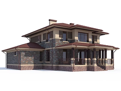 Two Story Detached Villa With Brick Wall Red Roof And Porch Columns 3d model