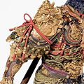 Game Movie Character Warrior Monkey In Ornate Golden Armor With Red Ribbons And Weapon
