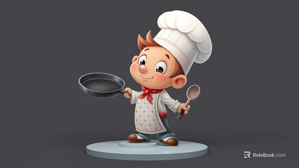 Cartoon Man Wearing Chef Hat And Apron Holding Frying Pan And Spoon Standing On Base 3d model 