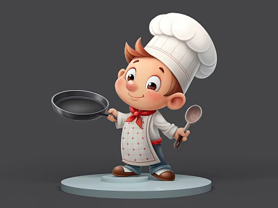 Cartoon Man Wearing Chef Hat And Apron Holding Frying Pan And Spoon Standing On Base 3d model