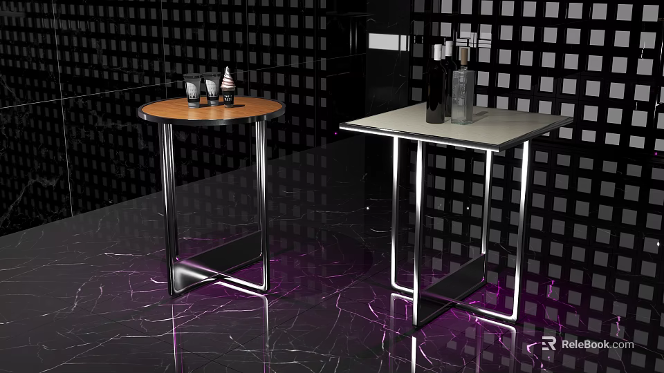 Modern Kitchen Cabinets With Metal Leg Tables Purple Marble Floor And Black Grid Wall 3d model 