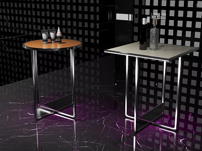 Modern Kitchen Cabinets With Metal Leg Tables Purple Marble Floor And Black Grid Wall 3d model