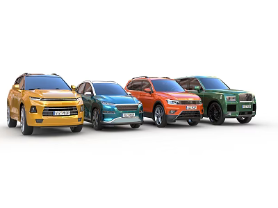 Four Different Colored SUV Cars Displayed In Row On White Background 3d model