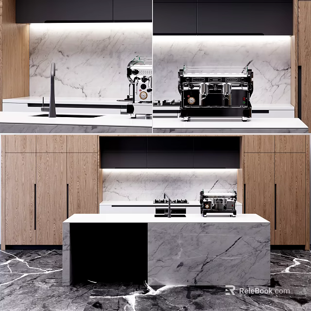 Modern Kitchen Interior Design Featuring Wooden Cabinets And Marble Countertop 3d model 