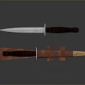 Tactical Knife With Sharp Metal Blade Brown Wooden Handle Brown Leather Sheath And Metal Buckle