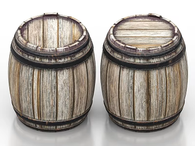 Two Vintage Wooden Barrels With Black Hoops And Natural Wood Texture 3d model