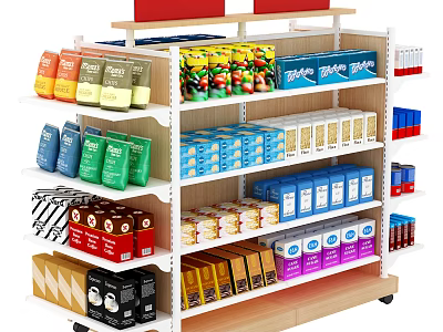 Retail Display Shelf With Multiple Layers Holding Various Packaged Products And Colorful Merchandise 3d model