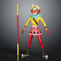 Monkey King Character With Colorful Face Paint Yellow Top Blue Scarf And Red Yellow Staff