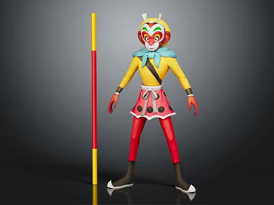 Monkey King Character With Colorful Face Paint Yellow Top Blue Scarf And Red Yellow Staff 3d model