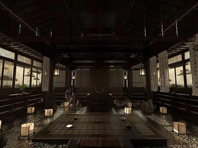 Traditional Japanese Interior With Tatami Floor Wooden Ceiling Hanging Lanterns And Calligraphy Scrolls 3d model