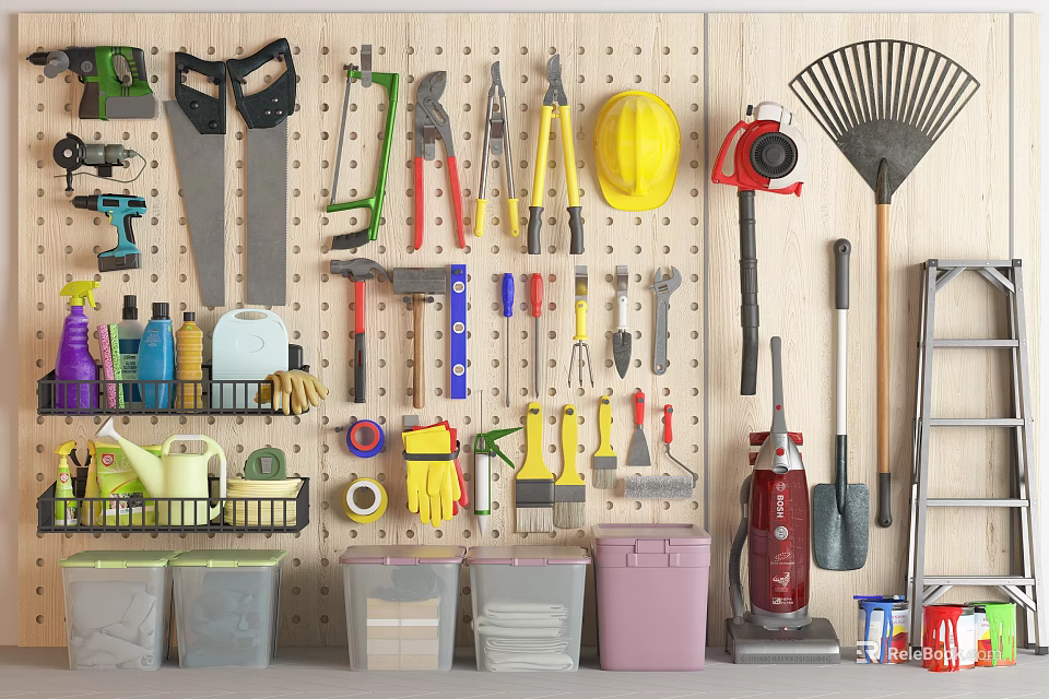 Pegboard Wall With Organized Tools Storage Bins Hard Hat Rake And Vacuum Cleaner 3d model