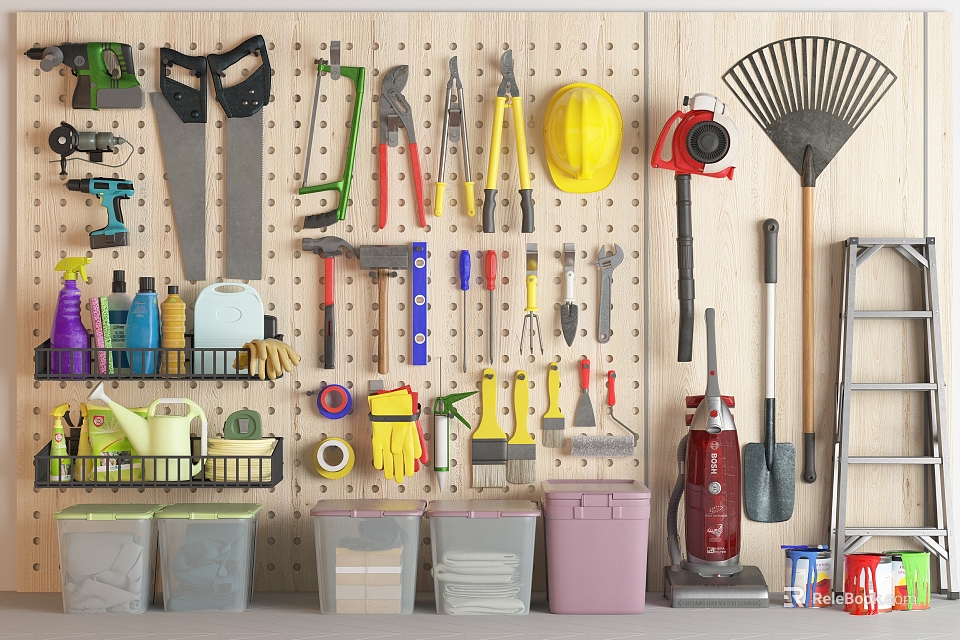 Pegboard Wall With Organized Tools Storage Bins Hard Hat Rake And Vacuum Cleaner 3d model 