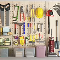 Pegboard Wall With Organized Tools Storage Bins Hard Hat Rake And Vacuum Cleaner