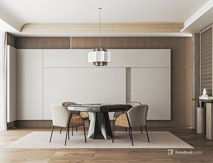 Hotel Mahjong Room Modern Interior Design With Wooden Paneling Round Table Chairs And Pendant Light 3d model 