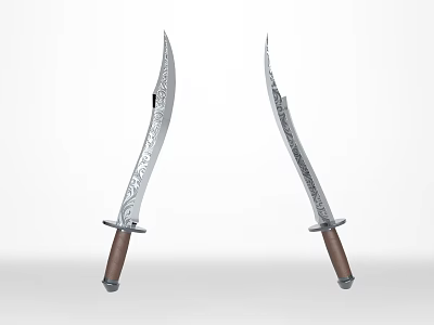 Pair of Decorative Knives with Silver Engraved Blades and Brown Handles 3d model