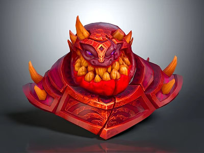 Red Demon Monster with Orange Horns Purple Eyes Yellow Teeth and Armored Ornate Carapace 3d model