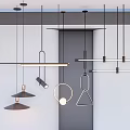 Modern Hanging Pendant Lights With Circular Triangular And Linear Metal Frames In Interior 3d model