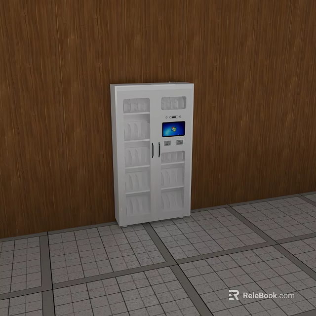 White Storage Cabinet With Transparent Doors Digital Screen And Wooden Wall Background 3d model 