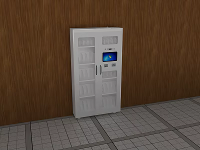 White Storage Cabinet With Transparent Doors Digital Screen And Wooden Wall Background 3d model