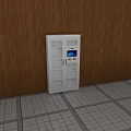 White Storage Cabinet With Transparent Doors Digital Screen And Wooden Wall Background