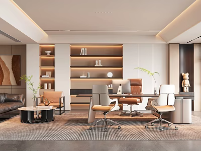 Modern Office Interior With Ergonomic Desks Chairs Shelves Sofa Area Rug And Plants 3d model