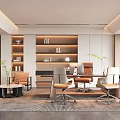 Modern Office Interior With Ergonomic Desks Chairs Shelves Sofa Area Rug And Plants