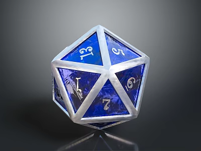 Blue Polyhedral Dice With Silver Border Numbers And Symbols For Tabletop Games 3d model