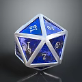 Blue Polyhedral Dice With Silver Border Numbers And Symbols For Tabletop Games