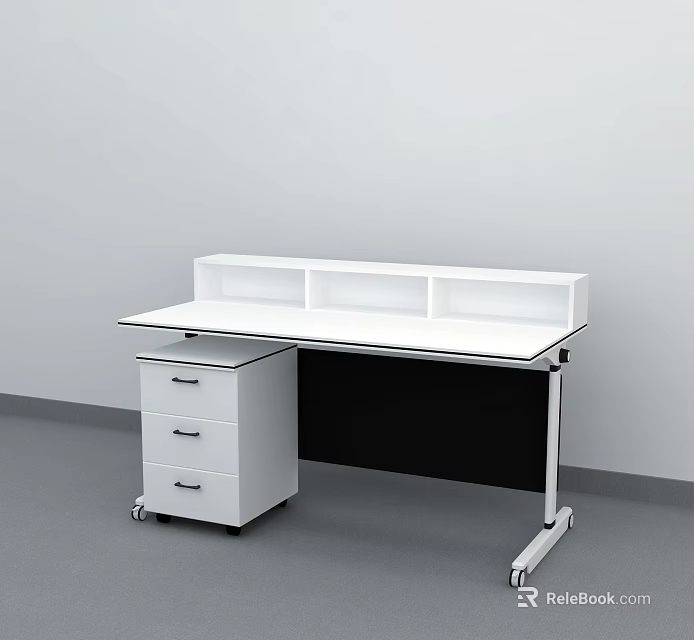 Modern Office Desk With White Tabletop Drawer Cabinet And Shelf Unit 3d model 
