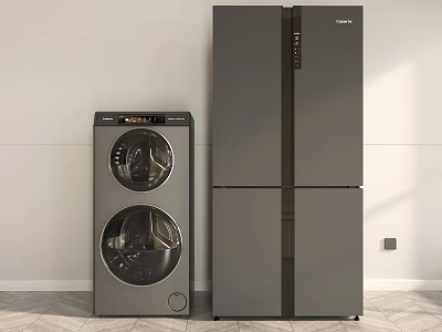 Modern Gray Double Drum Washing Machine in Home Interior Next to Refrigerator 3d model
