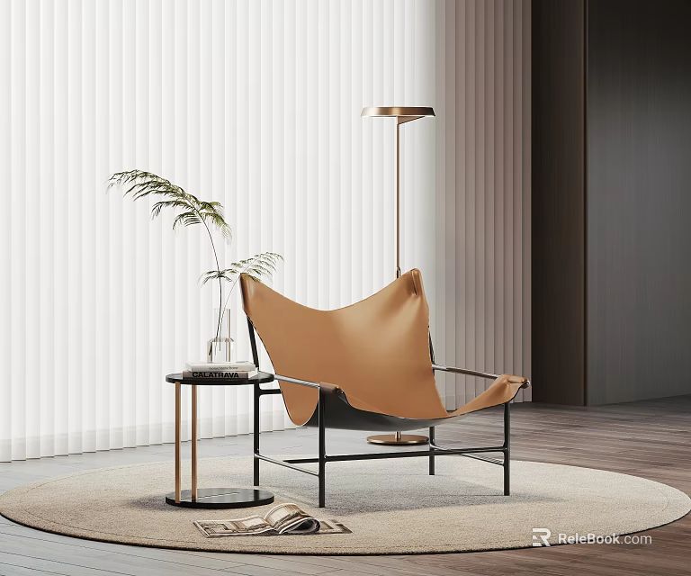 Elegant Modern Tan Leather Lounge Chair With Black Metal Frame Side Table And Floor Lamp 3d model 