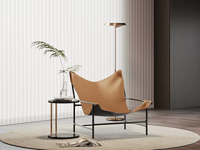 Elegant Modern Tan Leather Lounge Chair With Black Metal Frame Side Table And Floor Lamp 3d model
