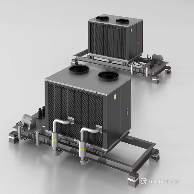 Industrial Equipment With Black Enclosures Top Fans Bottom Pipes And Metal Frames 3d model 