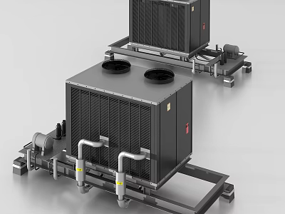 Industrial Equipment With Black Enclosures Top Fans Bottom Pipes And Metal Frames 3d model