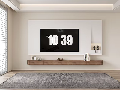 Modern Living Room TV Stand With White Wall Mounted Design Wooden Shelf And Decorations 3d model
