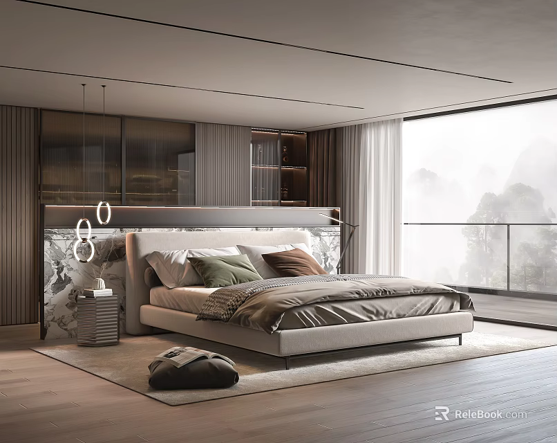 Modern Bedroom Interior Design With Large Bed Nightstand And Scenic Window View 3d model
