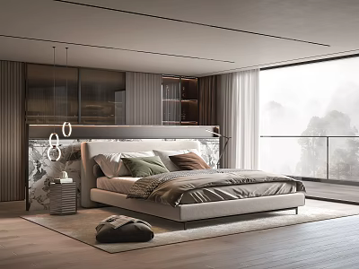 Modern Bedroom Interior Design With Large Bed Nightstand And Scenic Window View 3d model
