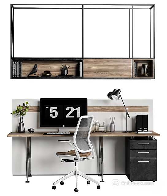 Modern Wooden Office Desk With Computer Monitor Desk Lamp White Chair And Hanging Shelves 3d model 