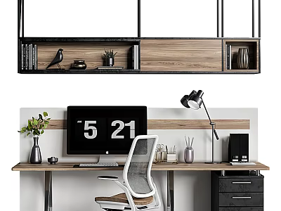 Modern Wooden Office Desk With Computer Monitor Desk Lamp White Chair And Hanging Shelves 3d model