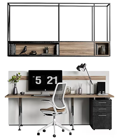Modern Wooden Office Desk With Computer Monitor Desk Lamp White Chair And Hanging Shelves 3d model