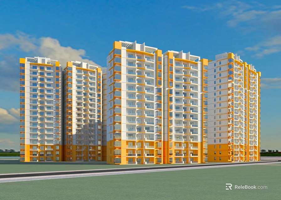 Modern High Rise Residential Building with Yellow and White Exterior in Open Green Area Under Blue Sky 3d model 