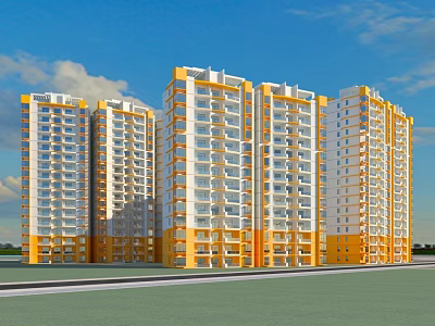 Modern High Rise Residential Building with Yellow and White Exterior in Open Green Area Under Blue Sky 3d model